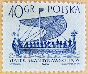 An ancient Greek sailing ship on a stamp from Poland.