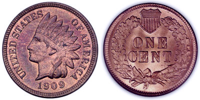 1909 Indian Head cents, front and back