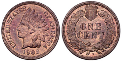 1909 Indian Head cents, front and back. The back side has a small 's'