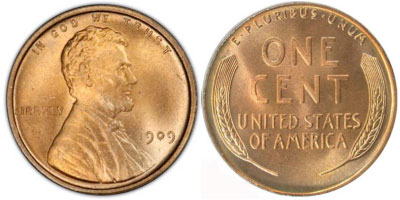 1909 Lincoln cents with no VDB, front and back