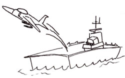 drawing of an aircraft carrier with a plane taking off