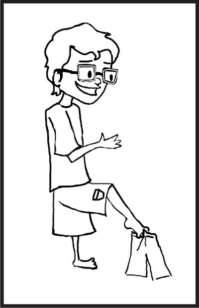 Drawing of a boy picking up a bathing suit with his toes