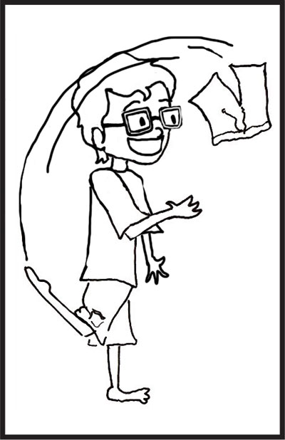 Drawing of a boy kicking a bathing suit backwards over his head