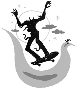 Illustration of a towering figure on a glowing skateboard