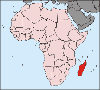 Map of Africa, with the island of Madagascar highlighted in red off its southeastern coast