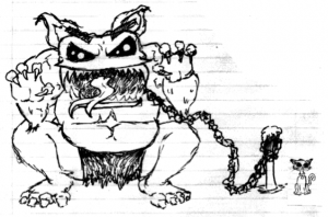 Drawing of a gigantic, sharp-toothed monster on a leash next to a kitten
