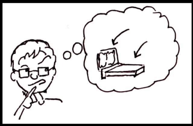 Drawing of a boy thinking with a thought bubble of a bed