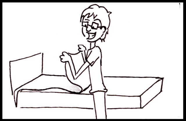 Drawing of a boy tucking the top sheet in at the top of the bed so it looks like a bottom sheet
