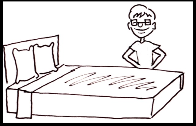 Drawing of a boy smiling next to a perfectly made bed