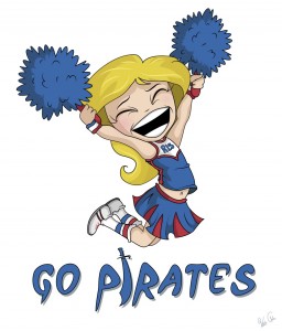 Drawing of a cheerleader with "Go Pirates" text below